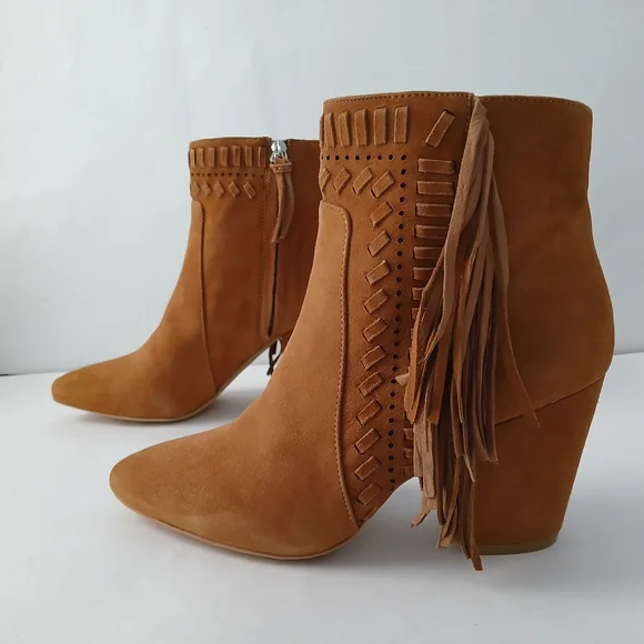 Rebecca Minkoff Illan Tan Suede Fringed Ankle Boots Size 9 Almond Toe Bohemian - Picture 2 of 12